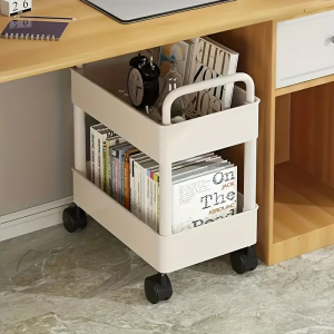 1Pc Durable Double-Layer Rolling Storage Cart With Wheels And Hooks - Versatile Organizer For Office, Dorm, And Bathroom Essentials